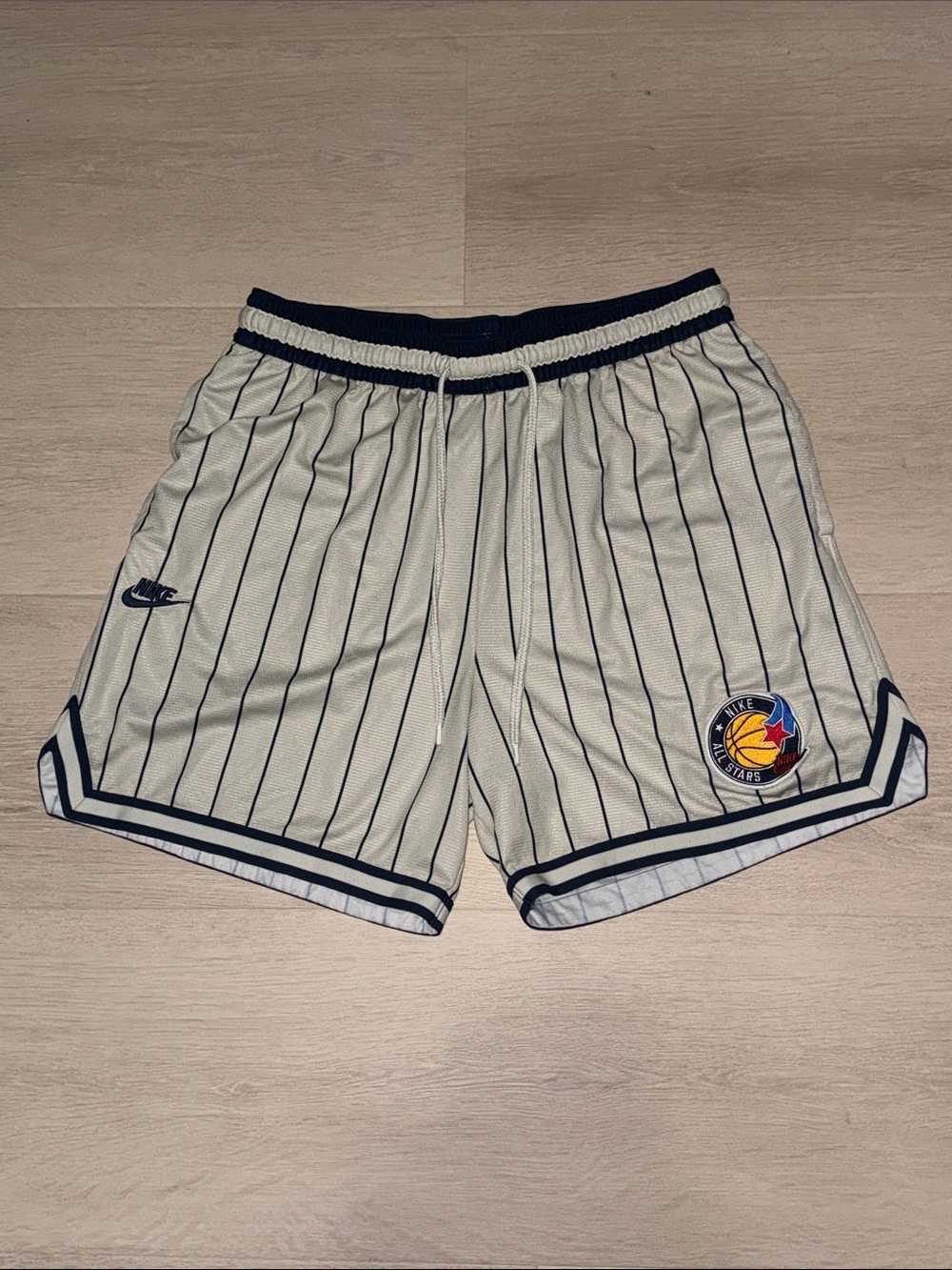 Nike White Basketball Shorts with Navy Pinstripes
